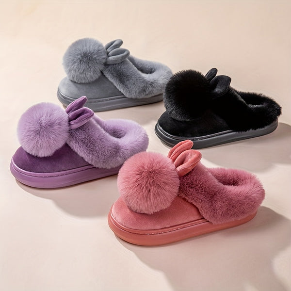 2025 New Autumn & Winter Single Ball Rabbit-Ear Design Warm Slippers for Men & Women - Couples' House Shoes with Thick Sole & Semi-Enclosed Back | Indoor/Outdoor Slides | Lightweight & Quiet Home Footwear | Cozy Solid-Color P
