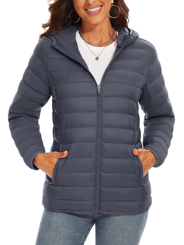 4 Pockets Water Resistant Women's Hooded Puffer Jackets Lightweight Quilted Padded Coat Windproof Hiking Outerwear for Winter Camping Casual Solid Warm Fall Tops Outdoor Fishing