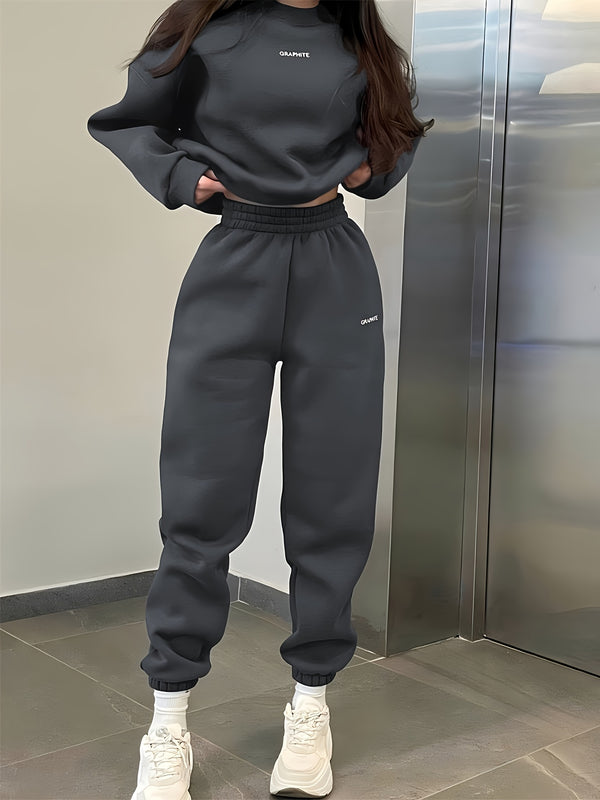 2pcs Casual Sports Set, Letter Pattern Warm Crew Neck Sweatshirt & Running Jogger Pants Suit, Women's Activewear