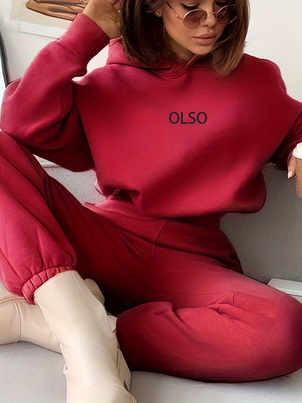 Cozy Casual Two-Piece Outfit - Stylish Letter Print Design, Cozy Long Sleeve, Functional Hood, Elastic Waist - Soft and Warm Sweatshirt, Comfortable Sweatpants, Designed Exclusively for Women