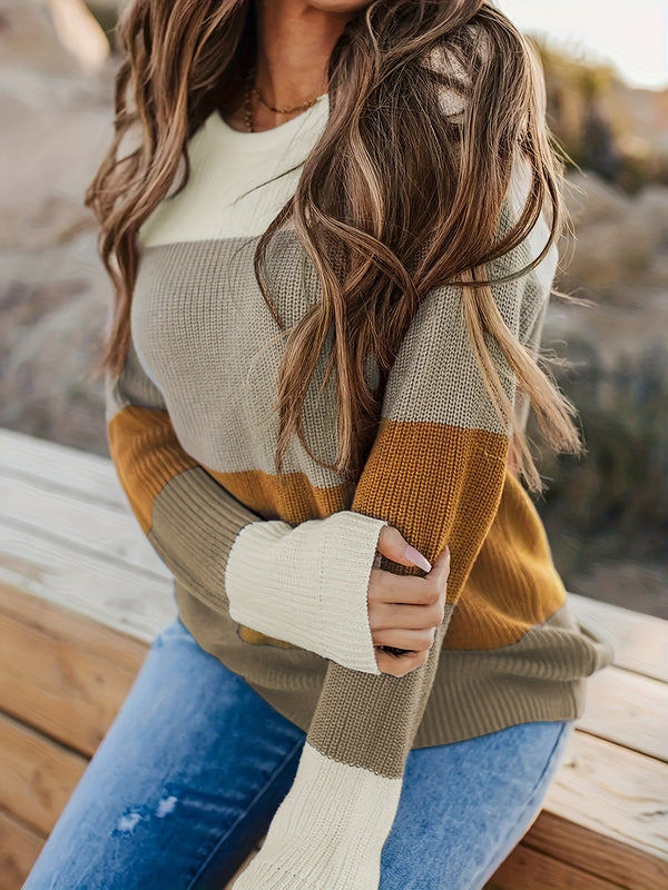 Striped Pattern Knitwear Tops, Crew Neck Long Sleeve Pullover Sweaters, Color Block Shirts, Women's Clothing