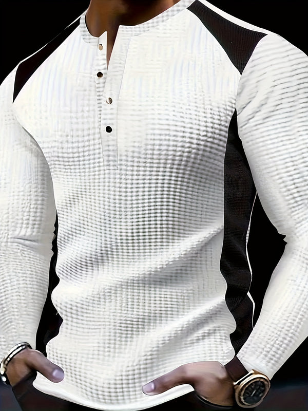Men's Cotton Henley Shirt, Casual Crew Neck Long Sleeve Knit Top with Color Block Design, Regular Fit Button Detail for Fall/Winter 2025 - Chic Athleisure Wear, Gift for Men|Stylish Henley|Classic Style