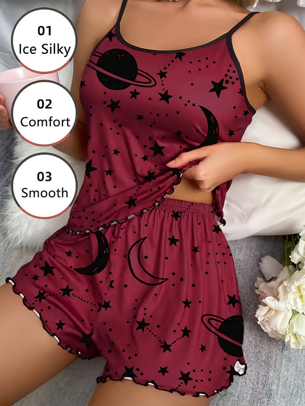 Moon & Star Print Lettuce Trim Pajama Set, Crew Neck Backless Cami Top & Elastic Shorts, Women's Sleepwear & Loungewear