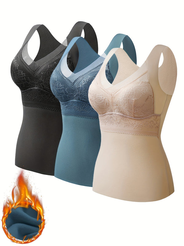 3-Pack EssElegance Women's Plus Size Thermal Wear, Elegant V-Neck, Seamless Chest Pads, Breathable Nylon, Knitted Fabric, Warm Innerwear Tops for Fall/Winter