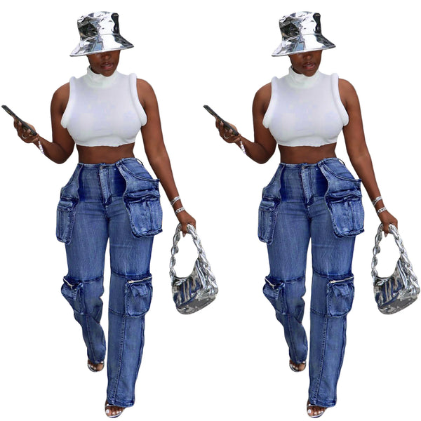 Summer High Street Fashion Straight Pants for Europe the United States Waist Long Multi-Pocket Denim Casual Multi-Pocket Jeans