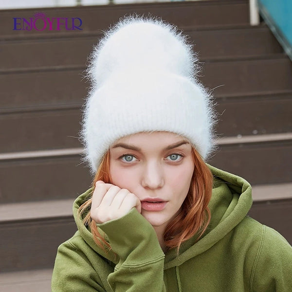 ENJOYFUR Winter Hats for Women Warm Long Rabbit Fur Hair Female Caps Fashion Solid Colors Wide Cuff Young Style Beanies