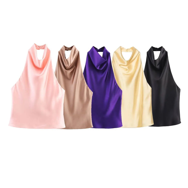 TAOP&ZA 2025 summer new women's fashion temperament satin texture backless halter neck vest top 3210317 3203317