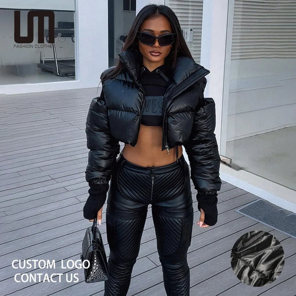 Liu Ming Fall Winter 2024 Y2K Streetwear Women Casual Thick Warm Zip up Hollow Bubble Cropped Coat Black Puffer Jacket