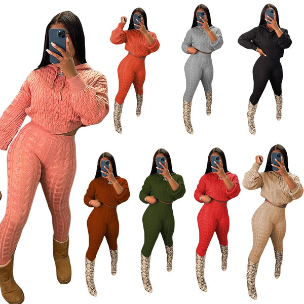 Spring Autumn Knitted Hooded Sweatshirt Two Piece Women Long Sleeve Crop Top Elastic Waist Pant Women Two Piece Set