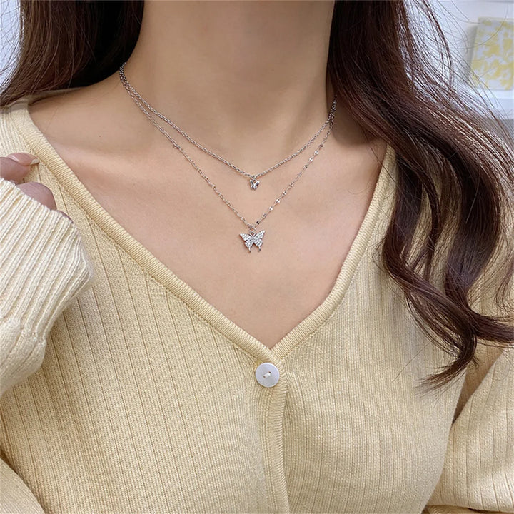 New Shiny Butterfly Necklace Ladies Exquisite Double Layer Clavicle Chain Necklace Jewelry for Ladies Gift - Vogue Vista UK