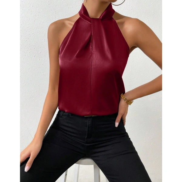 2025 Trendy Women's Halter Neck Tank Top Silky Sleeveless Blouse for Summer