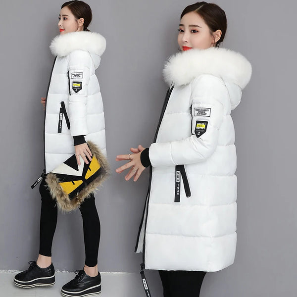 2024 Winter Coats Women Down Cotton Jacket Big Fur Collar Long Parka Slim Zipper Warm Tops Female Puffer Outwear Lady Clothing