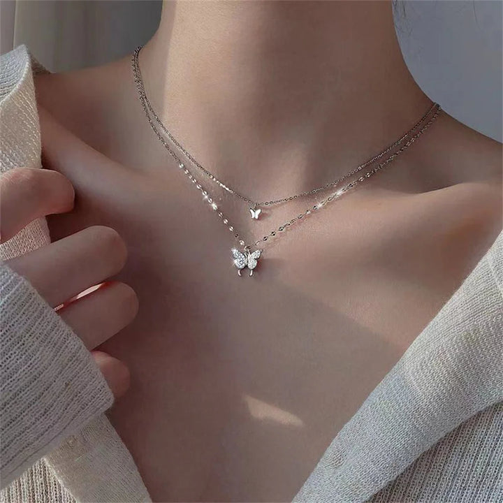 New Shiny Butterfly Necklace Ladies Exquisite Double Layer Clavicle Chain Necklace Jewelry for Ladies Gift - Vogue Vista UK