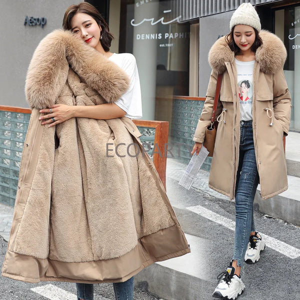 Autumn New Warm Fur Collar Thick Jacket Fashion Long Hooded Parkas Coat Winter Jacket Women Office Lady Streetwear