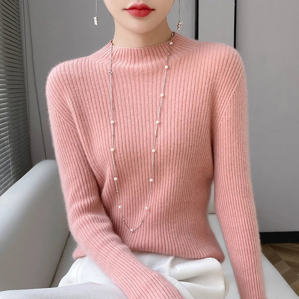 Autumn/Winter new Women's sweater 100% Merino wool semi-turtleneck pullover Fashion light luxury striped warm base knit shirt