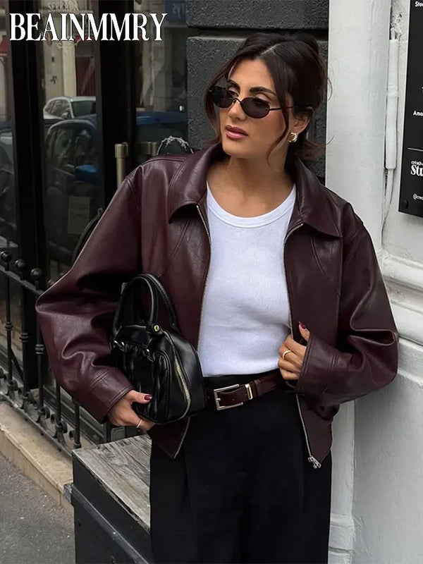 Solid Lapel Leather Short Coat Women Retro Zipper Simple Long Sleeve Jackets Female New Autumn Fashion Casual Street Jacket 2025