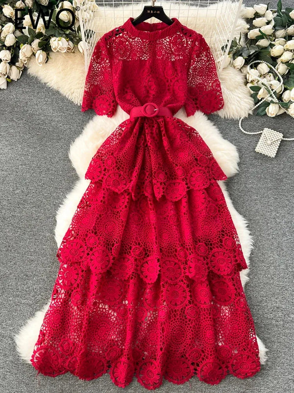 EWQ Ruffles Lace With Belt Patchwork Solid Color High Waist Vestidos Sweet Style Women's Dress Winter Spring 2024 New 27SN5591