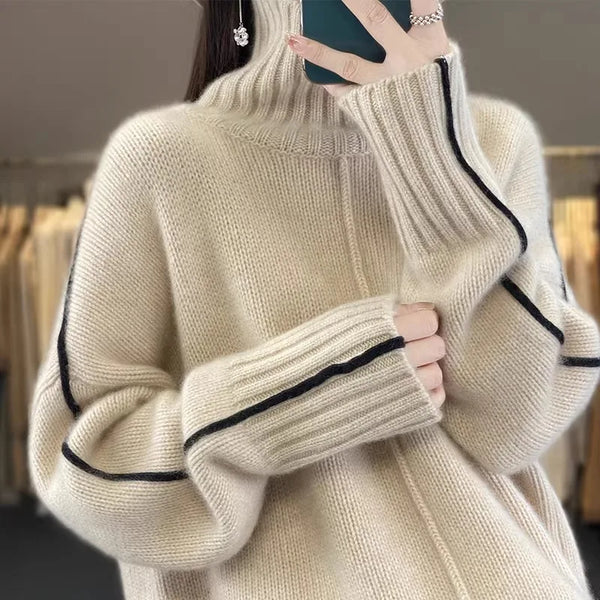 Women's loose-fitting, high-necked, thick, 100% pure cashmere sweater, a luxurious winter innerwear, soft and, very beautiful.