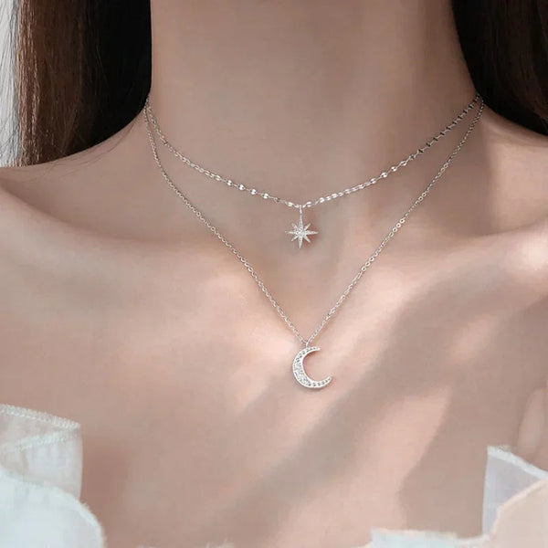 925 Silver Necklace for Women Double Layer Zircon Star Moon Pendant Necklace Delicate Chain Charm Elegant Fashion Jewelry Gifts - Vogue Vista UK