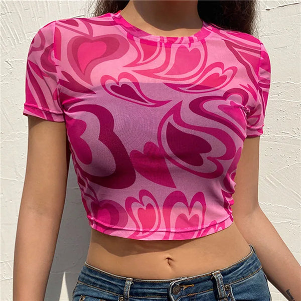 T-shirt Vrouwen Zomer Roze Hart Gedrukt Esthetiek See Through Mesh Koreaanse Korte Mouw Voor Zoete Kawaii Meisjes 2022 Crop top