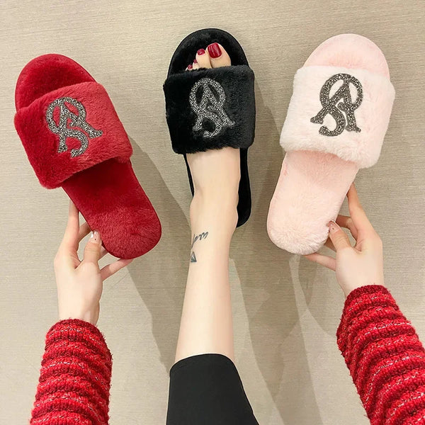 new Women House Slippers Warm Slippers Women Winter Crystal Fur Home Shoes For Women Slippers Casual Plush Comfortable