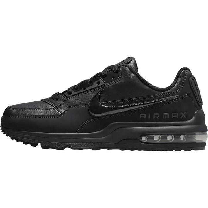 Nike Air Max LTD 3 Triple Black running shoes side view featuring a sleek black design and visible Air Max cushioning.