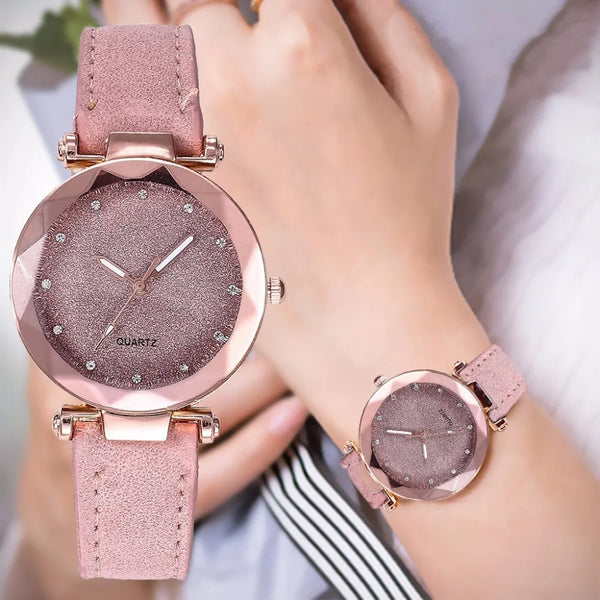 Round Face Rhinestone Star Sky Silver Pink Women for Watch Leisure Fashion Trend Frosted Belt Vintage Black Quartz Wristwatch - Vogue Vista UK