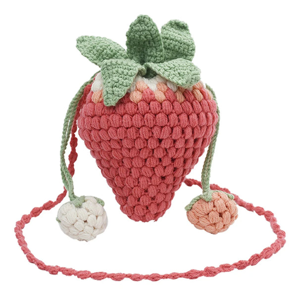 Women Kawaii Tote Handbag Versatile Strawberry Crossbody Bag Casual Woven Satchel Bag DIY Cartoon Crochet Bucket Purse