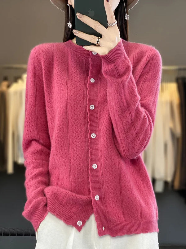 2025 Woman Clothing Thick Soft Warm Cardigan Autumn Winter Rippled Edge 100% Merino Wool Knitwear Grace Casual Lazy Top Classic