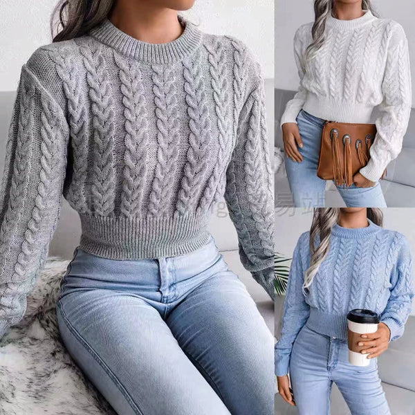 Women Sweater Casual Pullovers Autumn Winter Basics Knitted Short Crop Top Solid Long Sleeve Elegance Sweet Woman Clothing - Vogue Vista UK