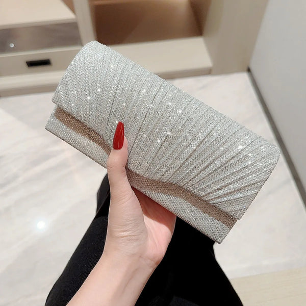 Ladies Glitter Silver Clutch Bag Envelope Evening Bag Fashion Elegant Long Purse Women Chain Shoulder Bags Wedding Party Handbag - Vogue Vista UK