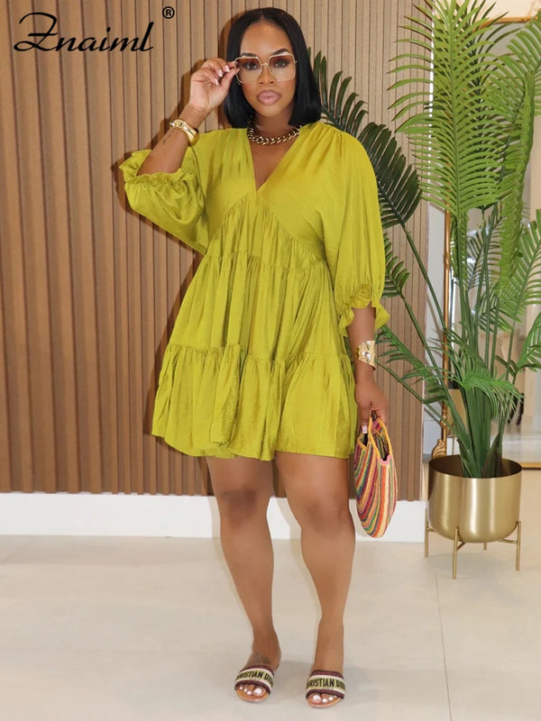 Znaiml Solid V-neck Short Sleeve Ruffles Loose Mini Dresses Autumn Casual Vacation Women Birthday Party Beach Female Vestidos