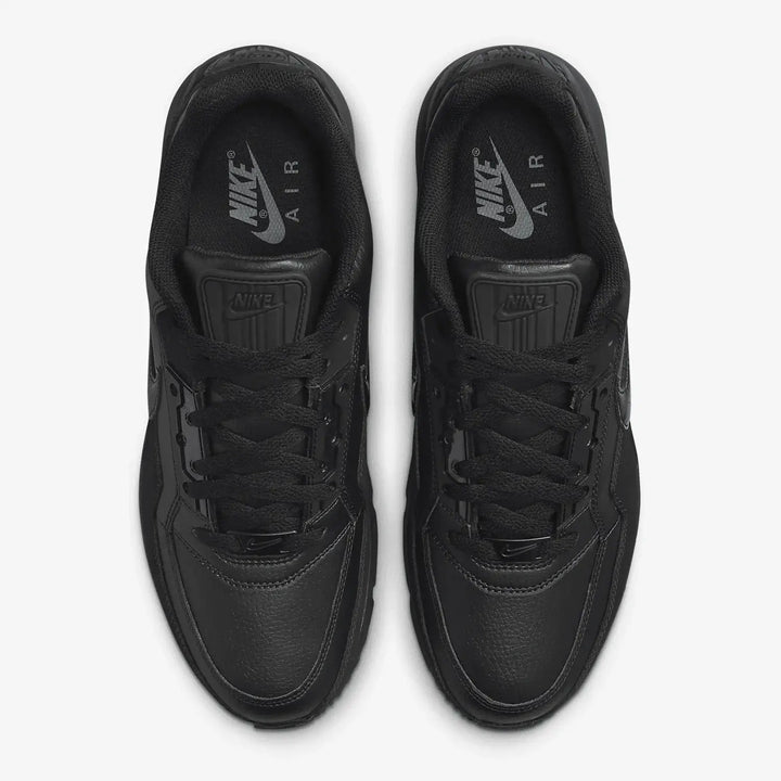 Nike Air Max LTD 3 Triple Black running shoes from above, featuring sleek black design and iconic branding.