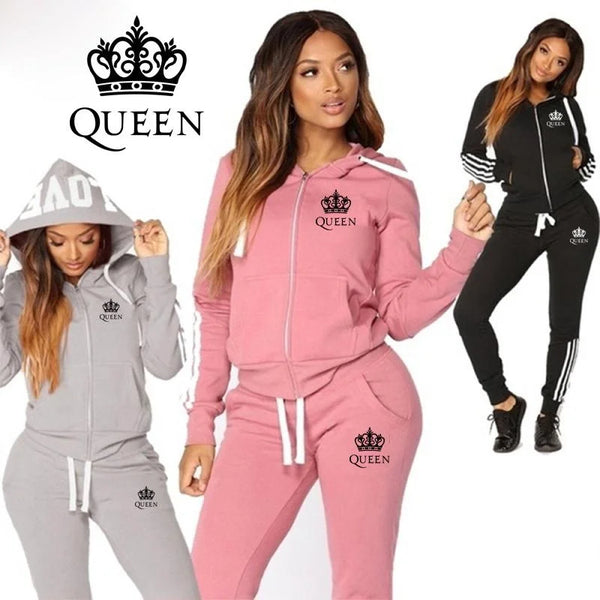 2023 Hot Sale queen Casual Striped Zipper Pocket Pure Color Women Tracksuit Fashion Sportwear Hoodie + Trousers Jogging Suit