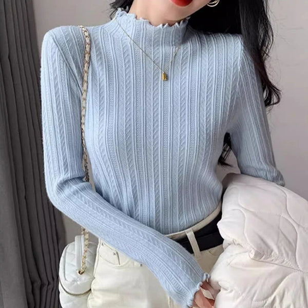 2025 Autumn Winter Long Sleeve Women Mock Neck Sweater Casual Knitted Pullover Korean Fashion Slim Ladies Warm Tops