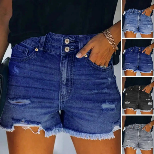 Women Denim Shorts High Waist Denim Shorts for Women with Ripped Edge Button Closure Slim Fit Solid Color Pants for Commute
