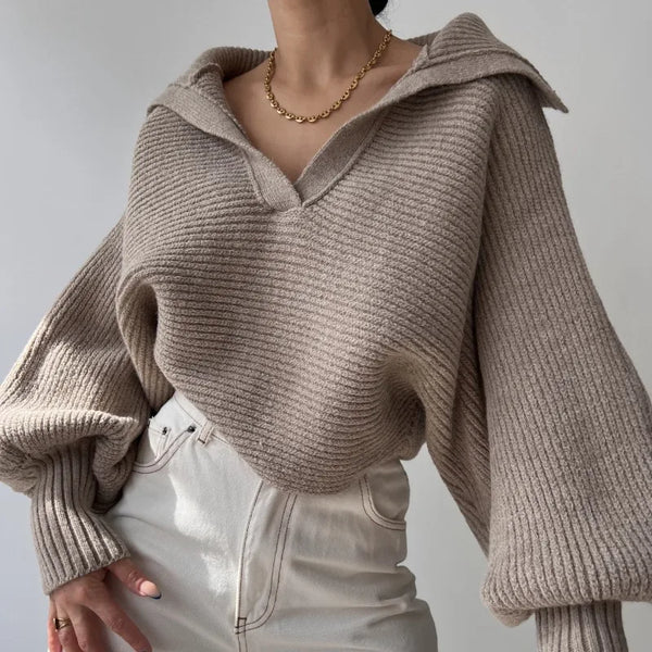 2025 Women Sweaters Lantern Sleeve Turn-Down Collar Loungewear Pullovers Autumn Winter Loose Fit Solid Streetwear Dropshipping