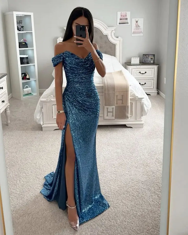 Chic and Elegant Women Evening Maxi Dresses 2024 Off-Shoulder Sequin Mermaid Prom Formal Gowns For Party Split Night Dress - Vogue Vista UK