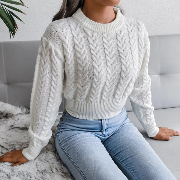 Crop Cable Knit White Sweater Long Sleeve Crew Neck Pullover Women Jumper Soft Girls Autumn Winter  Thick & Warm Knitwear - Vogue Vista UK