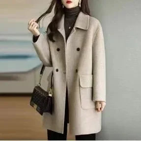 Autumn/winter New Woolen Thickened Medium-length Overcoat Loose Fit Age-reducing Korean Style Warm Petite Jacket - Vogue Vista UK