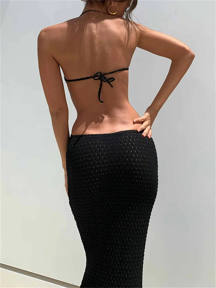 wsevypo Halter Maxi Bodycon Women Dress 2022 Summer Sexy Hollow Out Backless Wrapped Long Party Dresses Club Beach Sundress - Vogue Vista UK