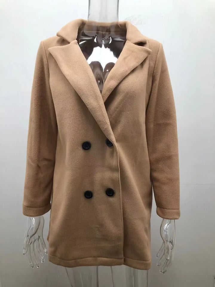 Autumn and winter solid color long sleeved double breasted suit collar woolen jacket for women - Vogue Vista UK