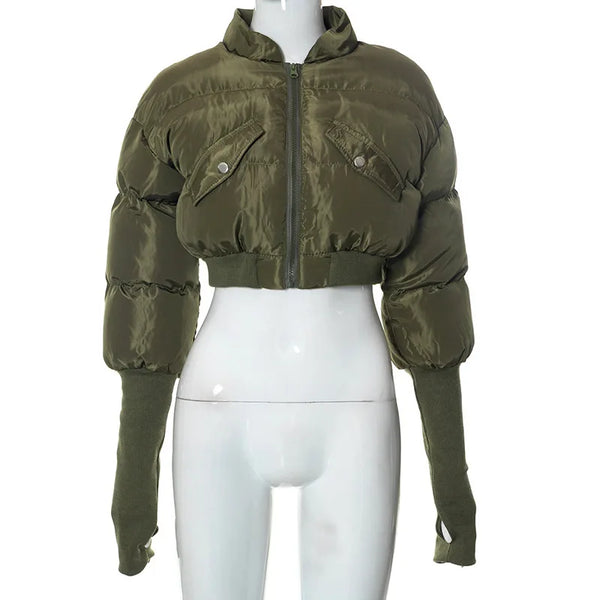 Sexy Y2K Cropped Puffer Jackets Women 2025 Winter Clothes Stand Collar Long Sleeve Warm Bubble Quilted Coat Female Outerwears