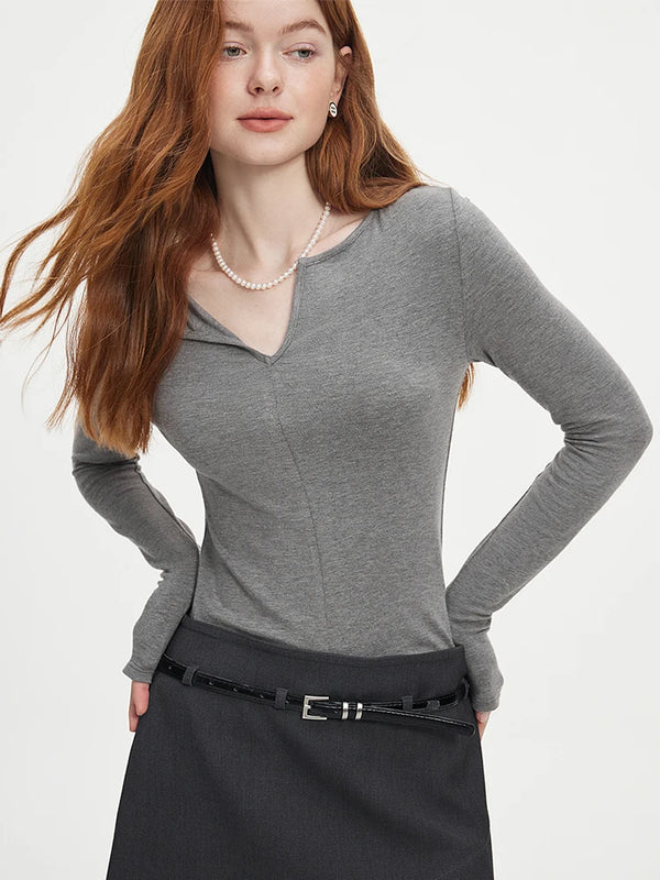 FSLE Autumn Knit Top 2025 New Pullover Casual Long Sleeve Sweater For Women V-Neck Slim Cotton Grey Pullover Beige Chi Topc