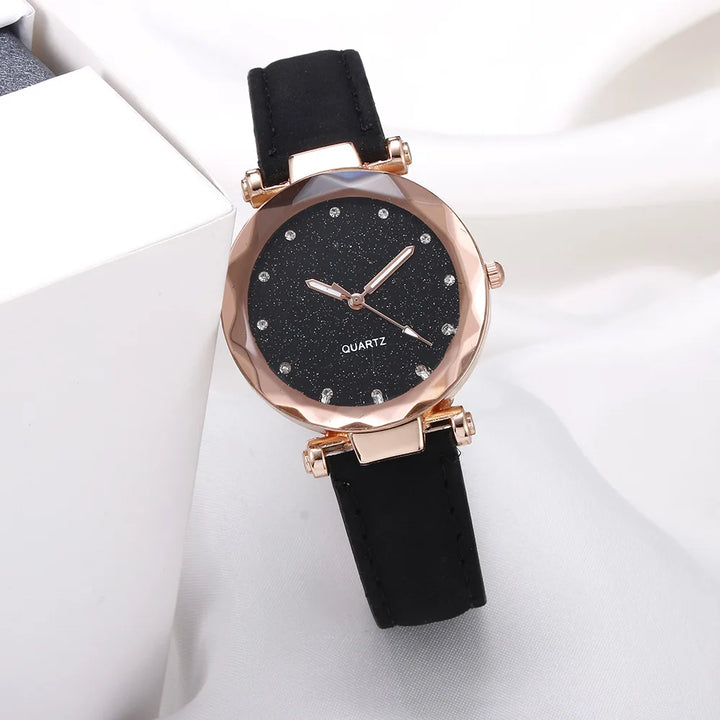 Round Face Rhinestone Star Sky Silver Pink Women for Watch Leisure Fashion Trend Frosted Belt Vintage Black Quartz Wristwatch - Vogue Vista UK