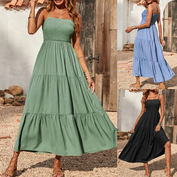 Bohemian Vacation Casual Dresses For Women Summer Ruffle Layer Maxi Sundress Sleeveless Dress Strap Smocked Tiered Midi Dress - Vogue Vista UK