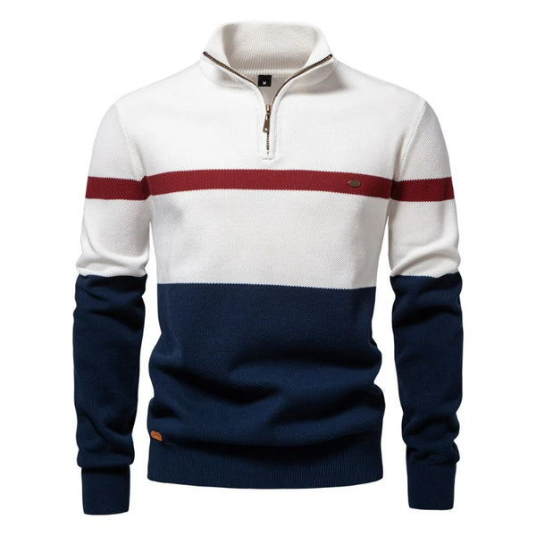 Men Pullovers Striped Sweaters Stand Collar Half Zipper Thick Tops Long Sleeve Splice Slim Fit Knit Casual Regular Autumn Winter