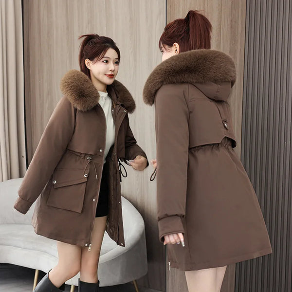 Winter Lady's Winter Quilted Coat Detachable Lining Fur Collar Belted Parka Jacket For Women Thickened Thermal Women's Coat