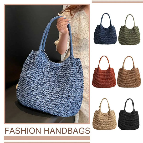 Women Straw Tote Handbag Large Capacity Vintage Shoulder Bag Hasp Closure Crochet Beach Handbag Ladies Summer Daily Bag