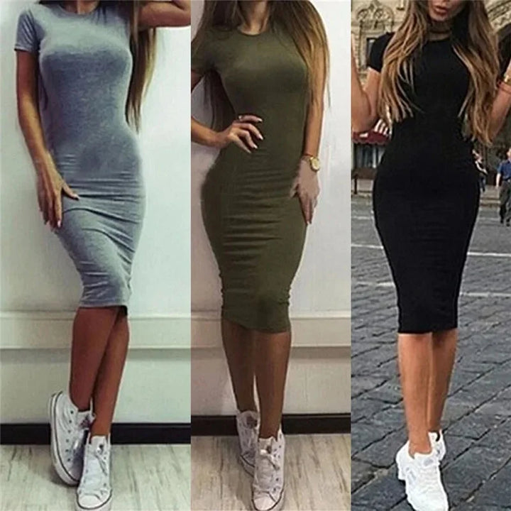 Summer Women Dresses Knee-Length Shinny Casual Short Sleeve Bandage Bodycon Sheath Dress Vestidos QT031 - Vogue Vista UK